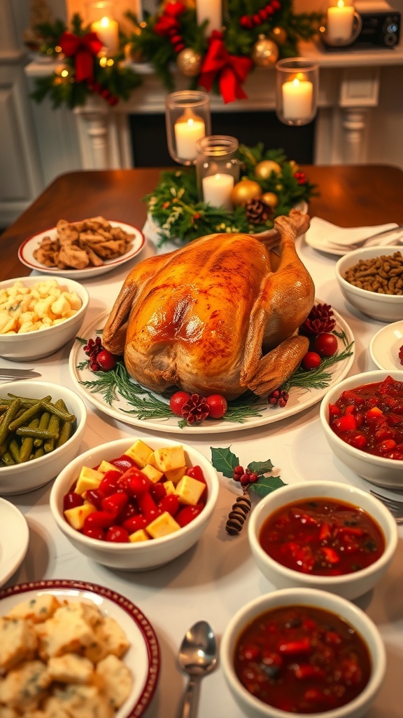Classic 1960s Christmas Dinner Menu A festive Christmas dinner table with a roasted turkey, mashed potatoes, green bean casserole, and cranberry sauce.